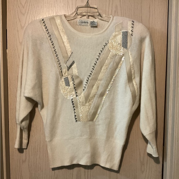 Vintage 80s Cream Sequin Beaded Dolman Batwing Sleeve Sweater size Medium - Picture 1 of 9